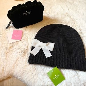 ⛔️ SOLD ⛔️ NWT Kate Spade small ruffle cosmetic bag + grosgrain bow beanie